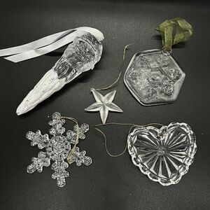 Vintage Lot Of 5 Clear Glass Crystal Acrylic Christmas Ornaments Snowflake Heart